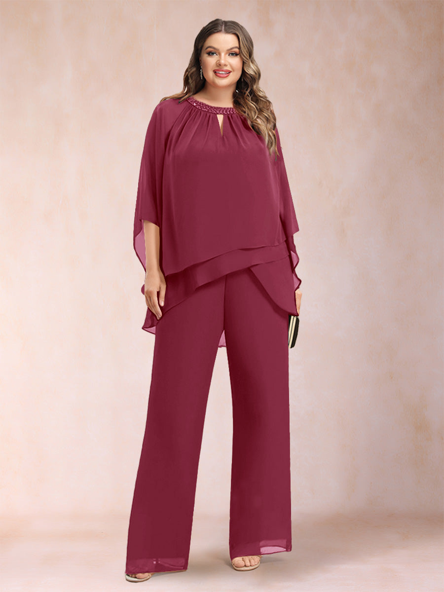 Chiffon Scoop 3/4 Sleeves 2 Pieces Plus Size Pantsuits with Rhinestone & Hollow