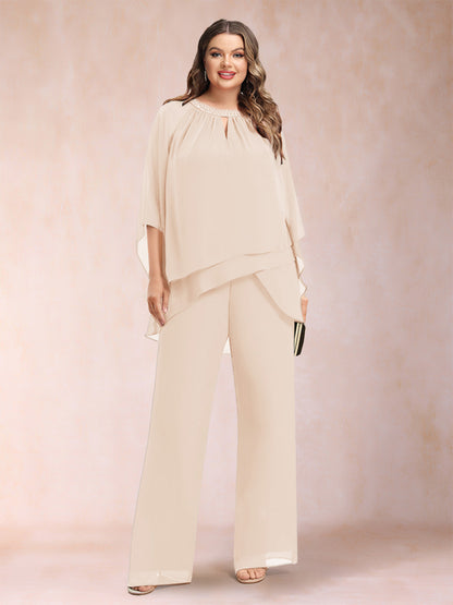 Chiffon Scoop 3/4 Sleeves 2 Pieces Plus Size Pantsuits with Rhinestone & Hollow