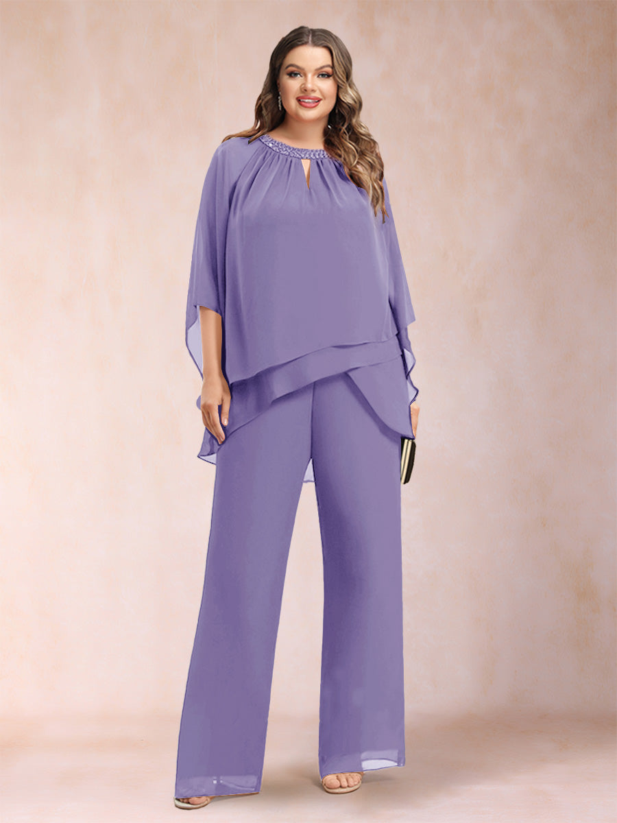 Chiffon Scoop 3/4 Sleeves 2 Pieces Plus Size Pantsuits with Rhinestone & Hollow