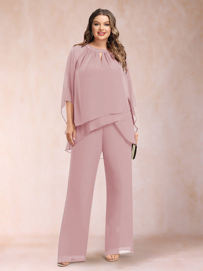 Chiffon Scoop 3/4 Sleeves 2 Pieces Plus Size Pantsuits with Rhinestone & Hollow
