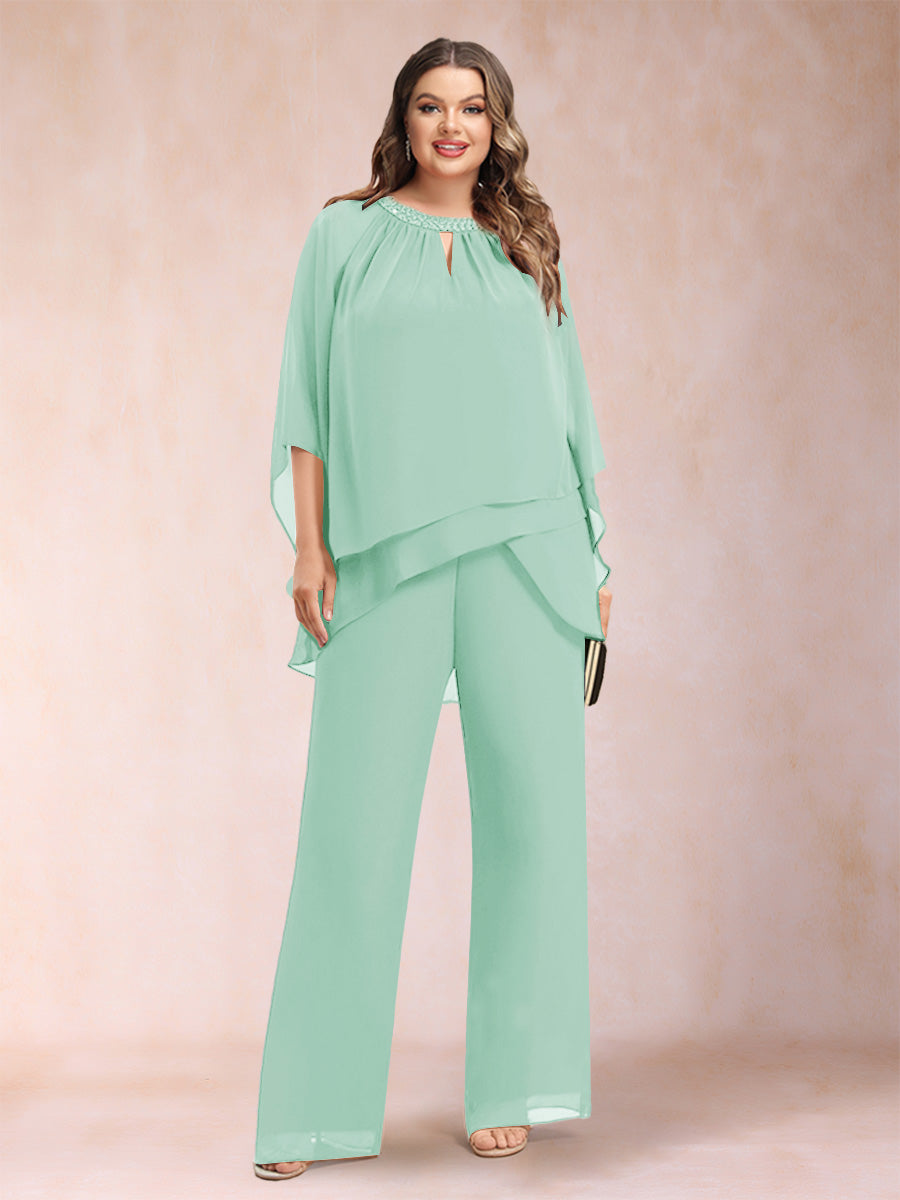 Chiffon Scoop 3/4 Sleeves 2 Pieces Plus Size Pantsuits with Rhinestone & Hollow