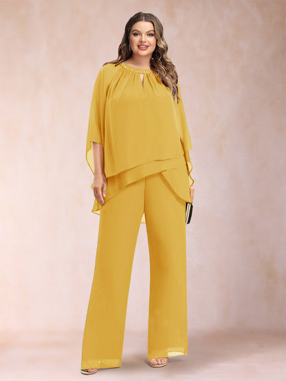 Chiffon Scoop 3/4 Sleeves 2 Pieces Plus Size Pantsuits with Rhinestone & Hollow
