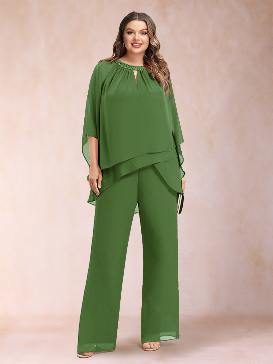 Chiffon Scoop 3/4 Sleeves 2 Pieces Plus Size Pantsuits with Rhinestone & Hollow