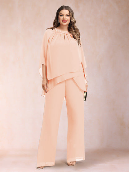 Chiffon Scoop 3/4 Sleeves 2 Pieces Plus Size Pantsuits with Rhinestone & Hollow