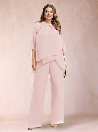 Chiffon Scoop 3/4 Sleeves 2 Pieces Plus Size Pantsuits with Rhinestone & Hollow
