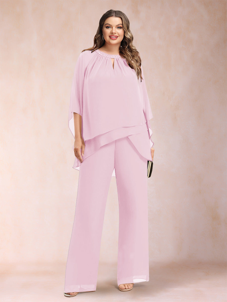 Chiffon Scoop 3/4 Sleeves 2 Pieces Plus Size Pantsuits with Rhinestone & Hollow