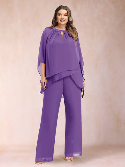 Chiffon Scoop 3/4 Sleeves 2 Pieces Plus Size Pantsuits with Rhinestone & Hollow