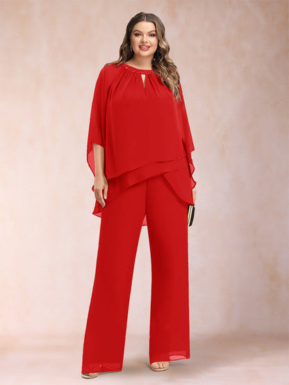 Chiffon Scoop 3/4 Sleeves 2 Pieces Plus Size Pantsuits with Rhinestone & Hollow