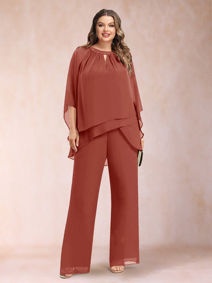 Chiffon Scoop 3/4 Sleeves 2 Pieces Plus Size Pantsuits with Rhinestone & Hollow