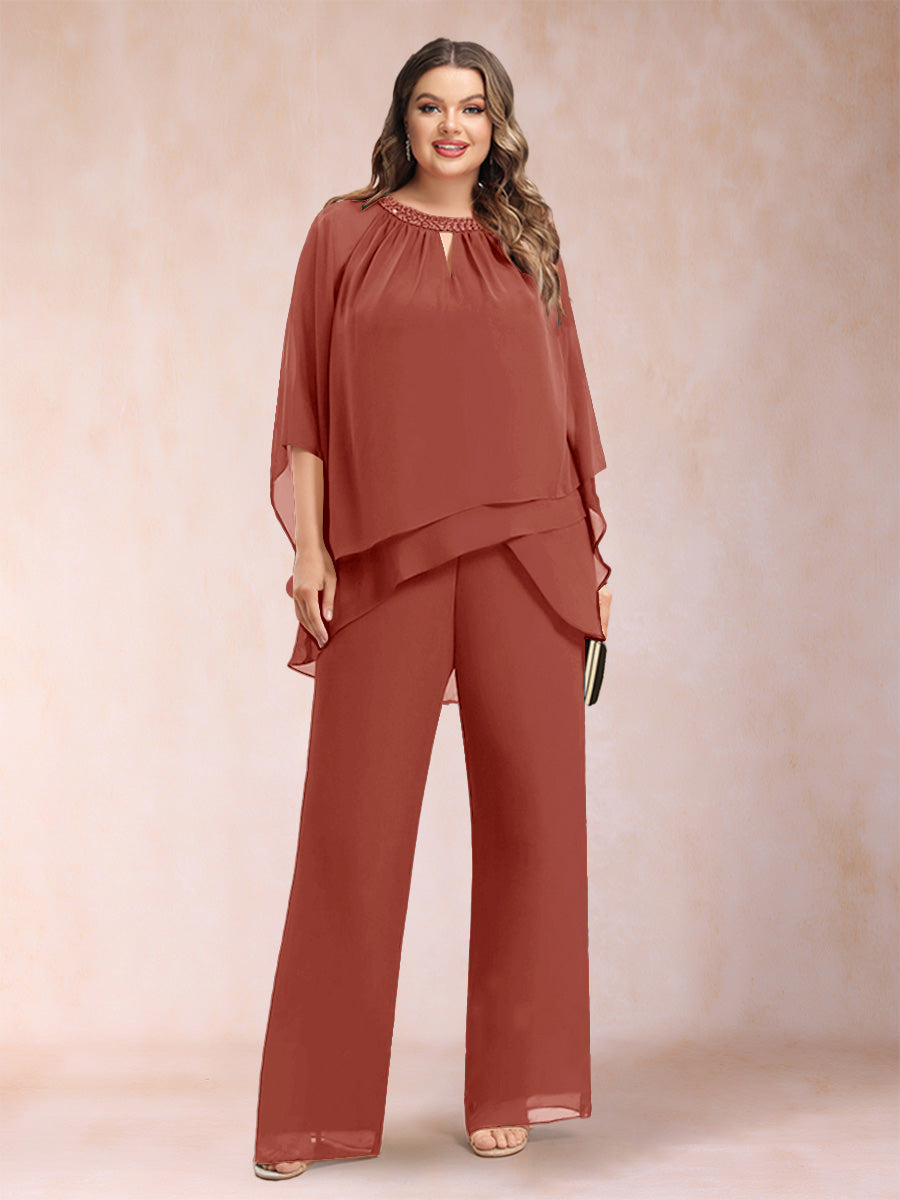 Chiffon Scoop 3/4 Sleeves 2 Pieces Plus Size Pantsuits with Rhinestone & Hollow
