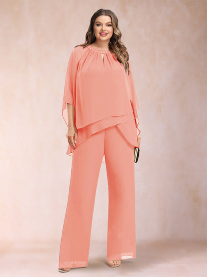 Chiffon Scoop 3/4 Sleeves 2 Pieces Plus Size Pantsuits with Rhinestone & Hollow