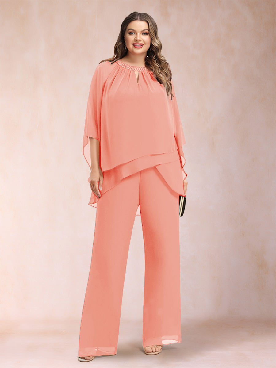 Chiffon Scoop 3/4 Sleeves 2 Pieces Plus Size Pantsuits with Rhinestone & Hollow