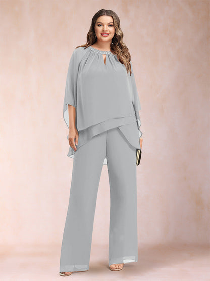 Chiffon Scoop 3/4 Sleeves 2 Pieces Plus Size Pantsuits with Rhinestone & Hollow