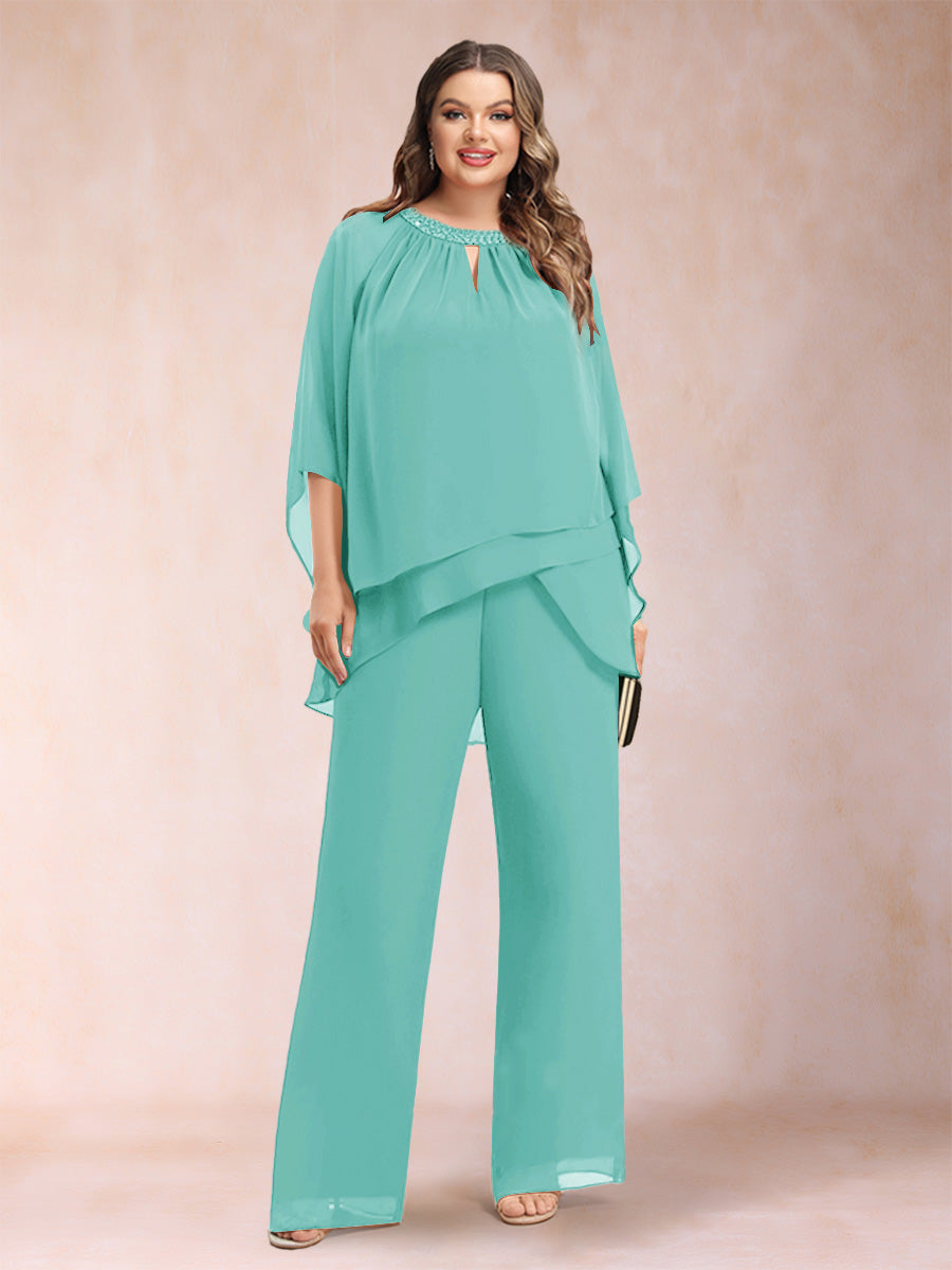 Chiffon Scoop 3/4 Sleeves 2 Pieces Plus Size Pantsuits with Rhinestone & Hollow