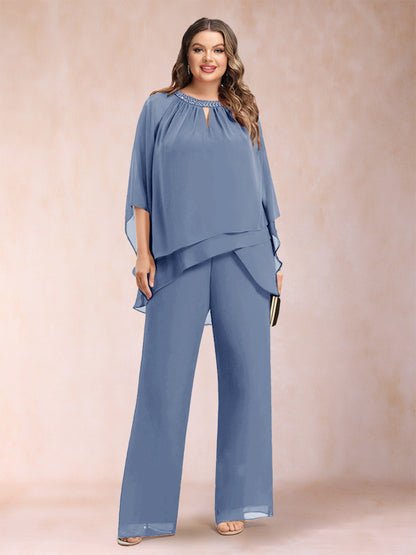 Chiffon Scoop 3/4 Sleeves 2 Pieces Plus Size Pantsuits with Rhinestone & Hollow