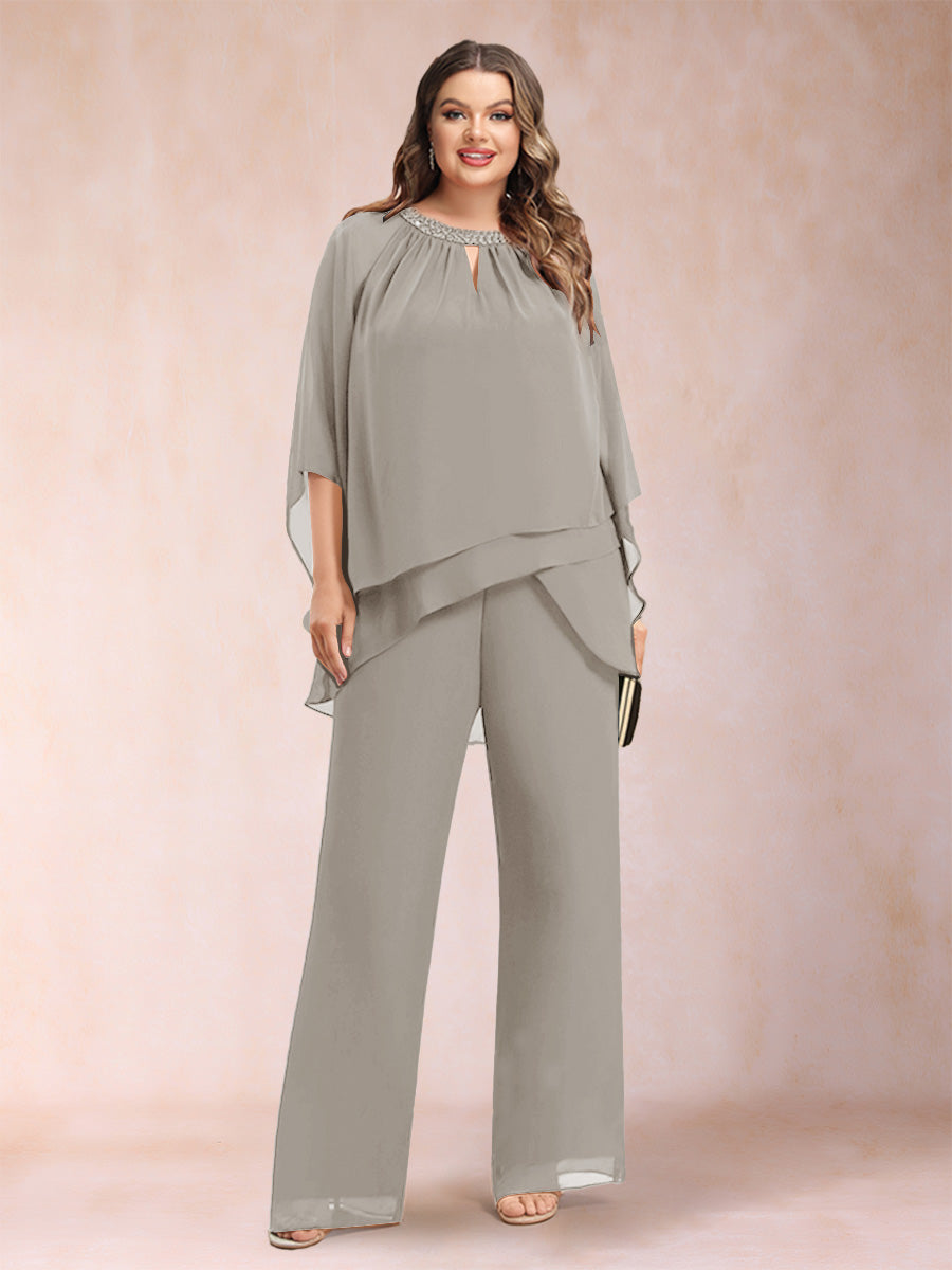 Chiffon Scoop 3/4 Sleeves 2 Pieces Plus Size Pantsuits with Rhinestone & Hollow
