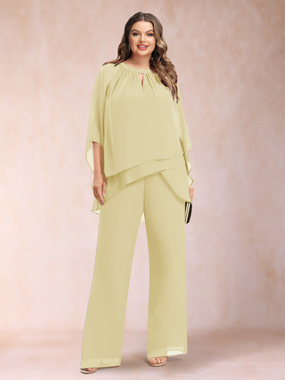 Chiffon Scoop 3/4 Sleeves 2 Pieces Plus Size Pantsuits with Rhinestone & Hollow
