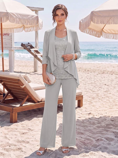 Chiffon Scoop Long Sleeves 3 Pieces Pantsuits Floor-Length with Ruched  & Jacket