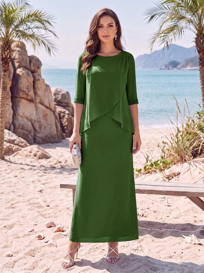 Sheath/Column Chiffon Scoop Half Sleeves Ankle-Length 2 Pieces Mother Of The Bride Dresses with Split Side
