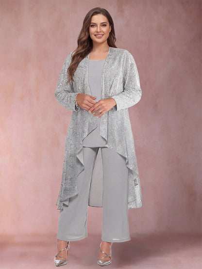 Chiffon Scoop Long Sleeves 3 Pieces Plus Size Pantsuits with Sequins & Jacket