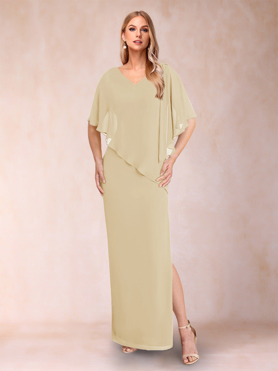 Sheath/Column Chiffon V-Neck Half Sleeves Mother of the Bride Dresses with Split Side