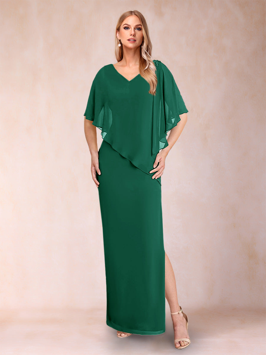 Sheath/Column Chiffon V-Neck Half Sleeves Mother of the Bride Dresses with Split Side
