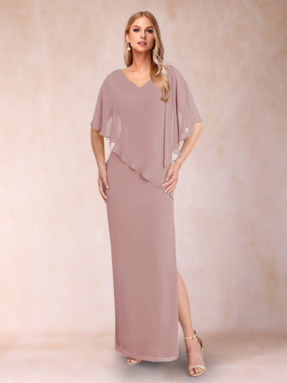 Sheath/Column Chiffon V-Neck Half Sleeves Mother of the Bride Dresses with Split Side