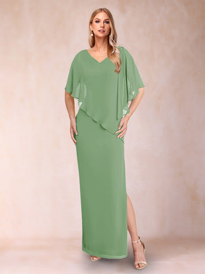 Sheath/Column Chiffon V-Neck Half Sleeves Mother of the Bride Dresses with Split Side