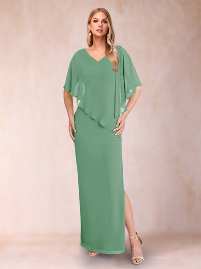 Sheath/Column Chiffon V-Neck Half Sleeves Mother of the Bride Dresses with Split Side