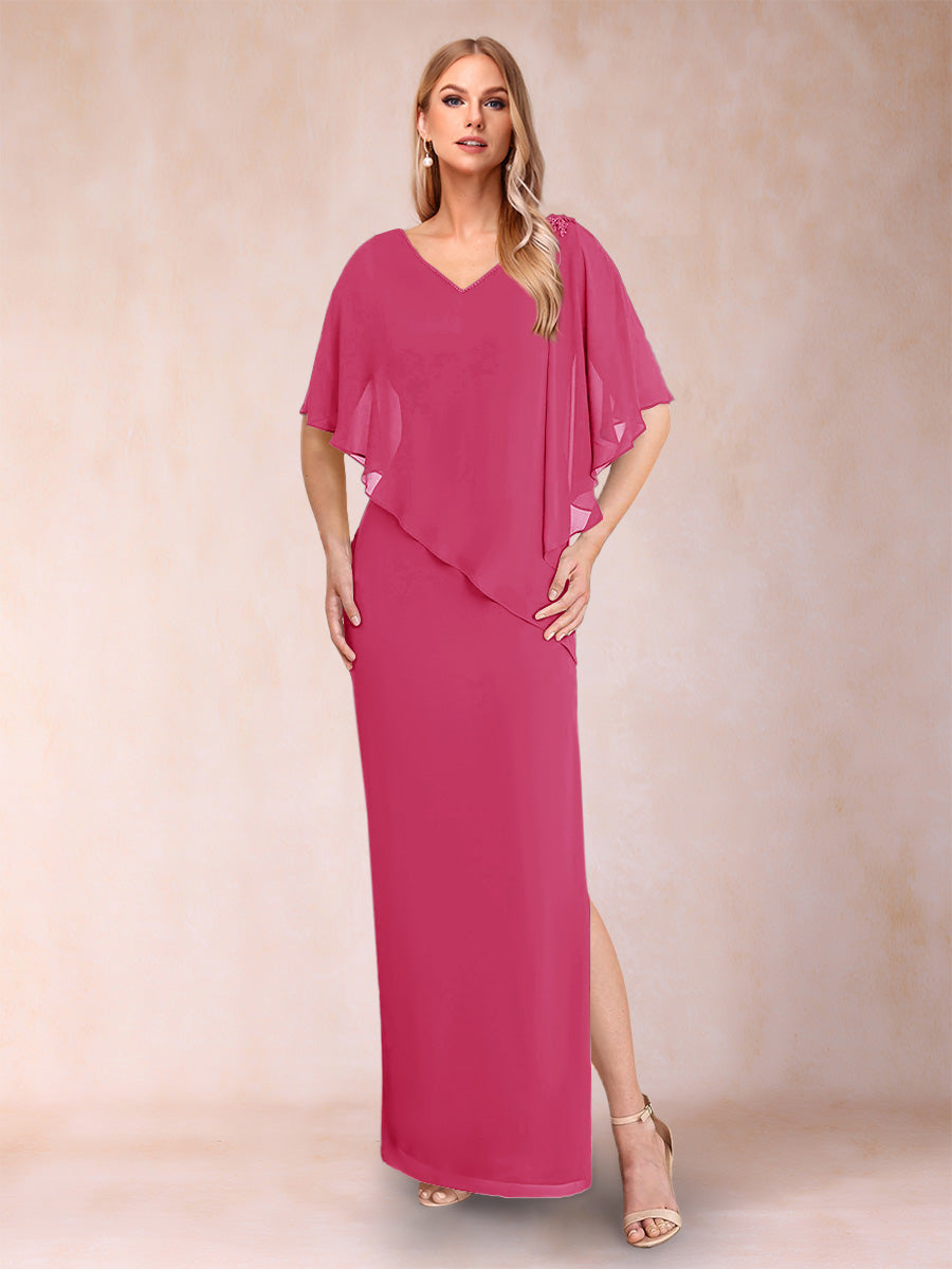 Sheath/Column Chiffon V-Neck Half Sleeves Mother of the Bride Dresses with Split Side