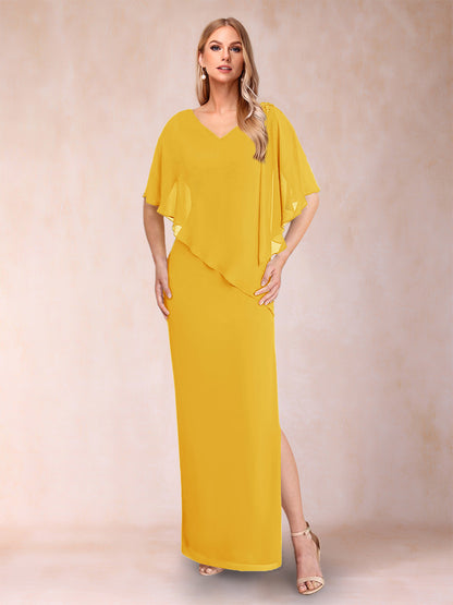 Sheath/Column Chiffon V-Neck Half Sleeves Mother of the Bride Dresses with Split Side