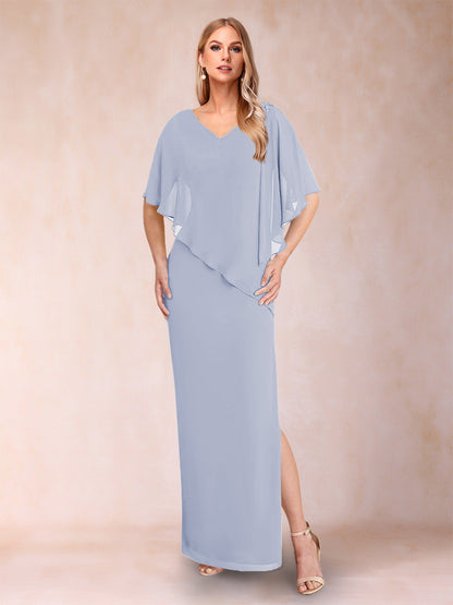 Sheath/Column Chiffon V-Neck Half Sleeves Mother of the Bride Dresses with Split Side