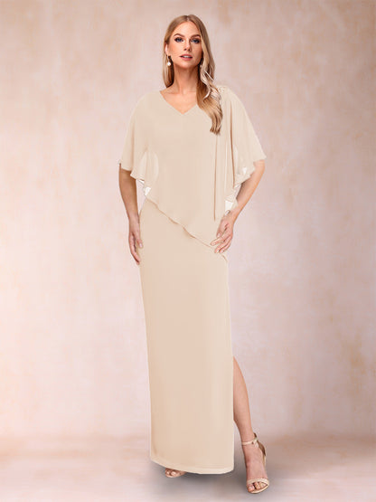 Sheath/Column Chiffon V-Neck Half Sleeves Mother of the Bride Dresses with Split Side