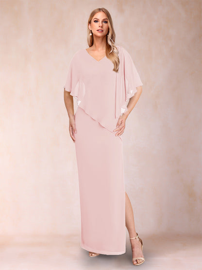 Sheath/Column Chiffon V-Neck Half Sleeves Mother of the Bride Dresses with Split Side