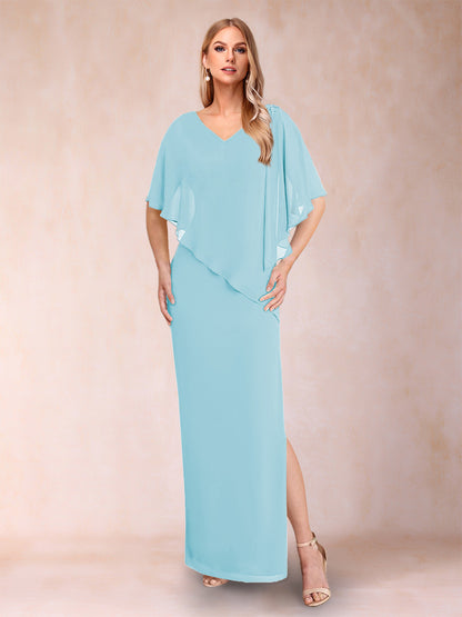 Sheath/Column Chiffon V-Neck Half Sleeves Mother of the Bride Dresses with Split Side