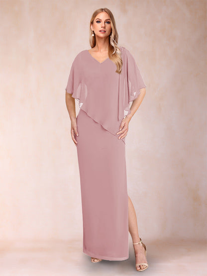 Sheath/Column Chiffon V-Neck Half Sleeves Mother of the Bride Dresses with Split Side