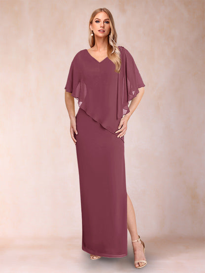 Sheath/Column Chiffon V-Neck Half Sleeves Mother of the Bride Dresses with Split Side