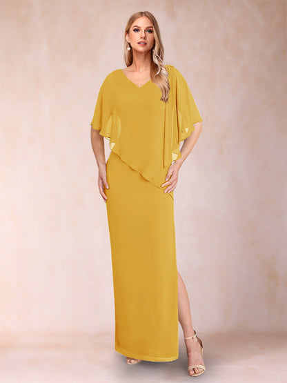 Sheath/Column Chiffon V-Neck Half Sleeves Mother of the Bride Dresses with Split Side