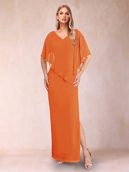 Sheath/Column Chiffon V-Neck Half Sleeves Mother of the Bride Dresses with Split Side