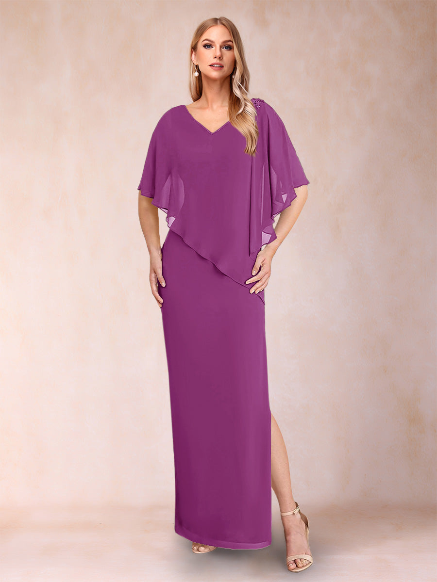Sheath/Column Chiffon V-Neck Half Sleeves Mother of the Bride Dresses with Split Side