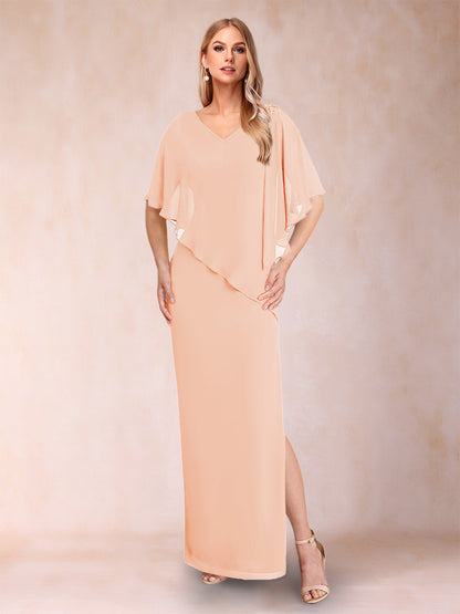 Sheath/Column Chiffon V-Neck Half Sleeves Mother of the Bride Dresses with Split Side