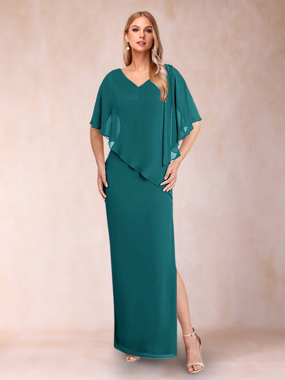 Sheath/Column Chiffon V-Neck Half Sleeves Mother of the Bride Dresses with Split Side