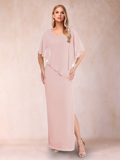 Sheath/Column Chiffon V-Neck Half Sleeves Mother of the Bride Dresses with Split Side