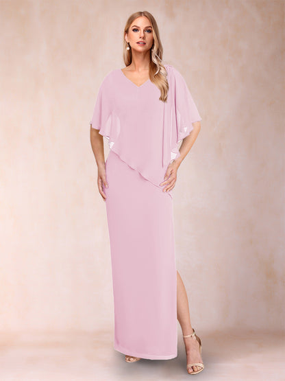 Sheath/Column Chiffon V-Neck Half Sleeves Mother of the Bride Dresses with Split Side