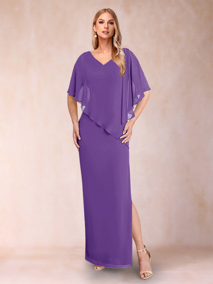 Sheath/Column Chiffon V-Neck Half Sleeves Mother of the Bride Dresses with Split Side