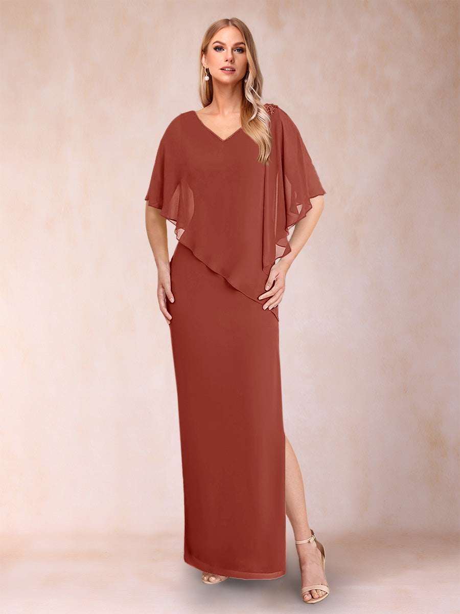 Sheath/Column Chiffon V-Neck Half Sleeves Mother of the Bride Dresses with Split Side