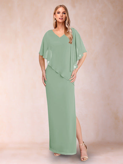 Sheath/Column Chiffon V-Neck Half Sleeves Mother of the Bride Dresses with Split Side