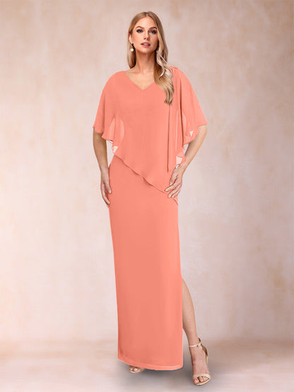 Sheath/Column Chiffon V-Neck Half Sleeves Mother of the Bride Dresses with Split Side
