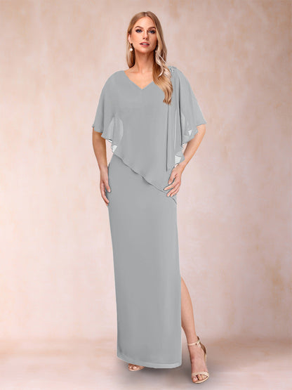 Sheath/Column Chiffon V-Neck Half Sleeves Mother of the Bride Dresses with Split Side