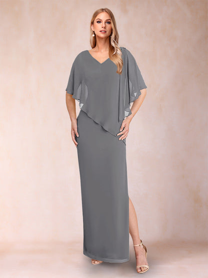 Sheath/Column Chiffon V-Neck Half Sleeves Mother of the Bride Dresses with Split Side